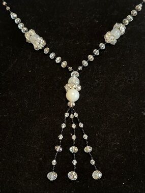 Sparkling Crystal and White Beaded Tassel 18.5” Long Necklace